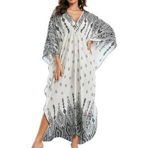 Womens White Black Placement V-neck Sleeve Flowy Split Hem Bohemian Kaftan Dress